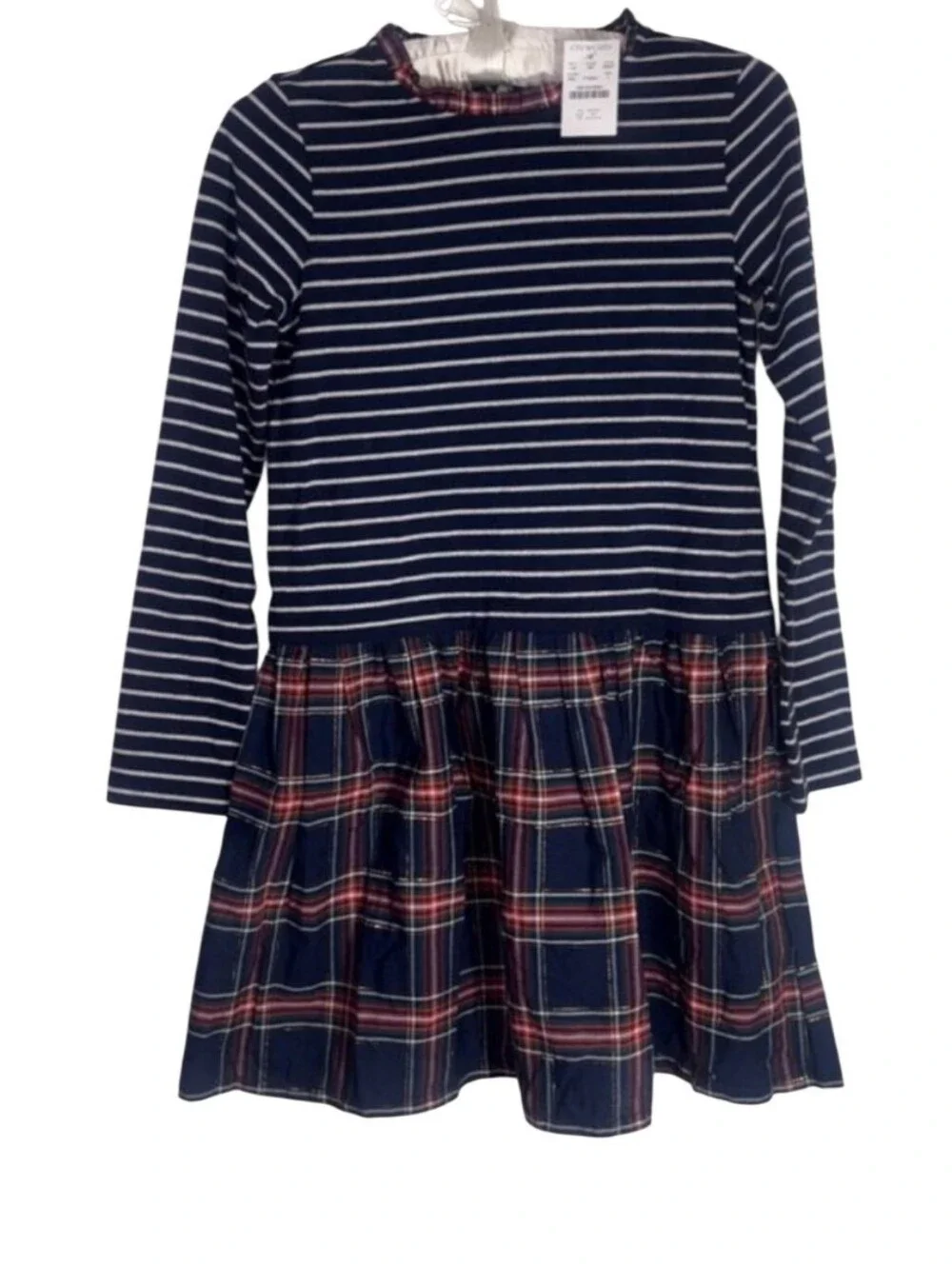 Girls Navy Striped & Plaid Long-Sleeve Dress Sz Xxs Nwt